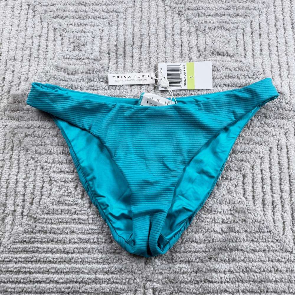 Trina Turk Bikini Bottoms Women's 4 Turquoise Blue Ribbed French Cut NWT Beach